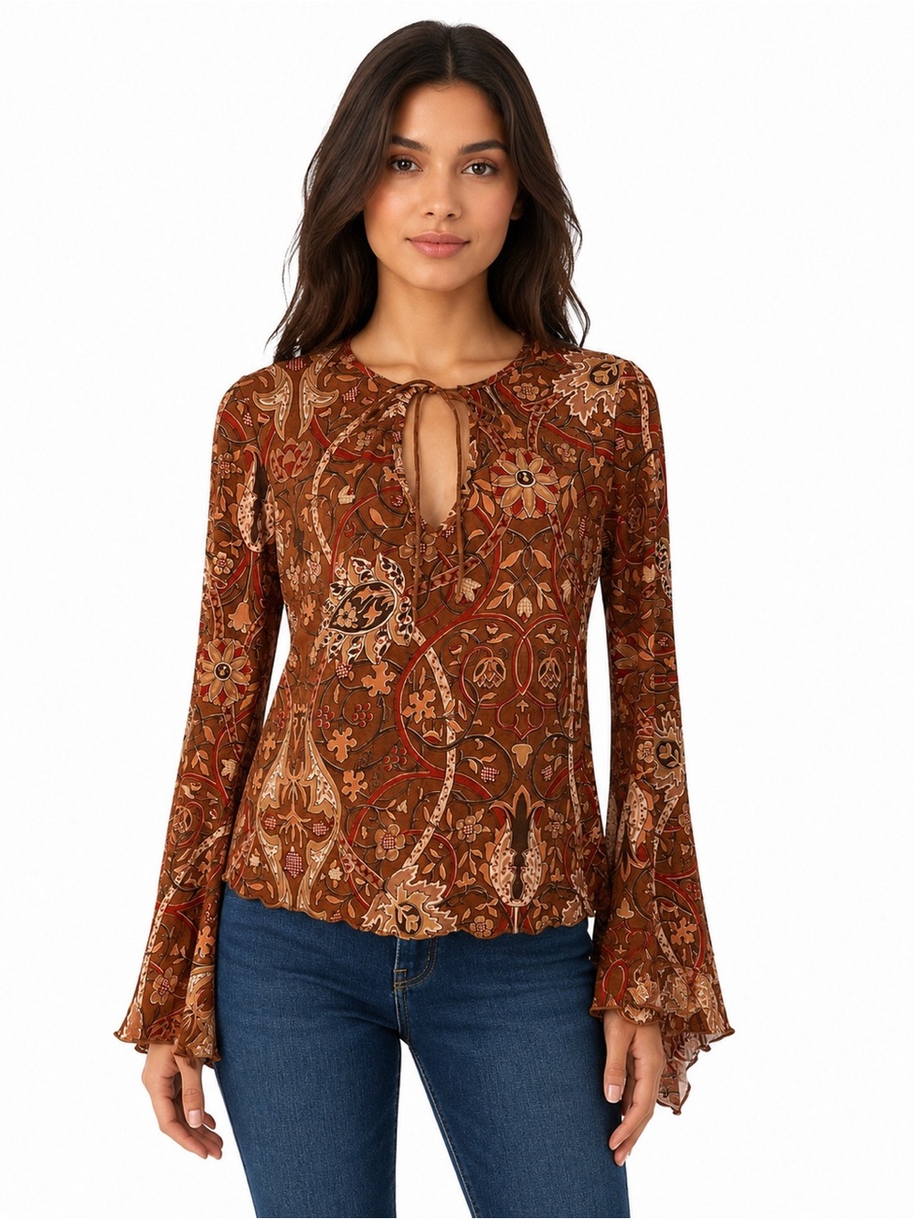 Vintage 90s Sirens Boho Bell Sleeve Tie Neck Floral Top Brown Size Large